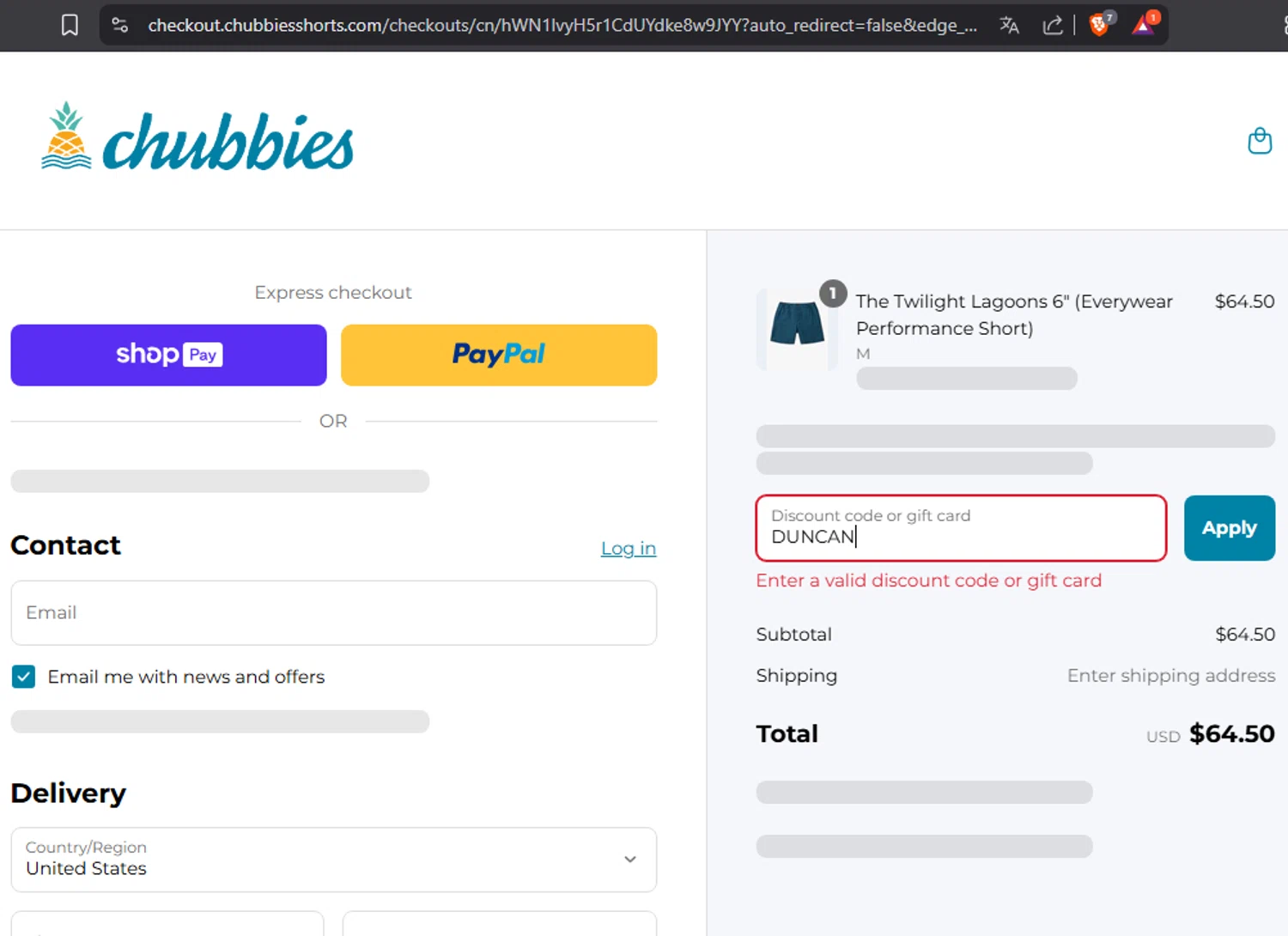 Chubbies Shorts promo code screenshot showing code DUNCAN applied at Chubbies Shorts checkout page. Uploaded by SimplyCodes community member daniela17 on Aug 14, 2025