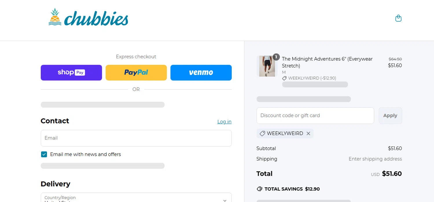 Chubbies Shorts promo code screenshot showing code STUFFISLAND applied at Chubbies Shorts checkout page. Uploaded by SimplyCodes community member KarinaHZ on May 19, 2025