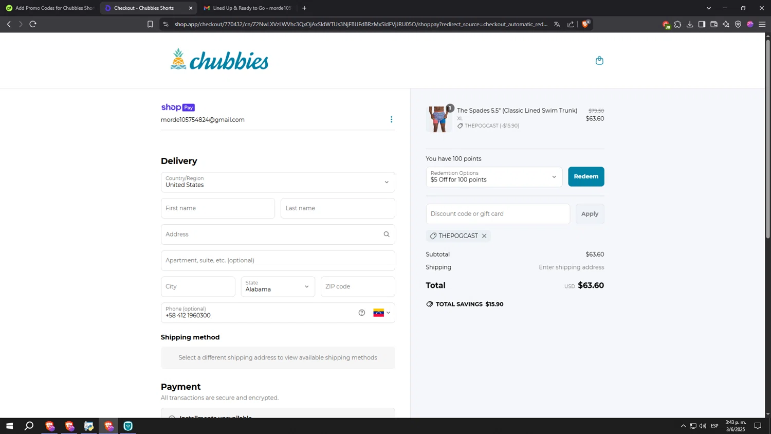 Chubbies Shorts promo code screenshot showing code THEPOGCAST applied at Chubbies Shorts checkout page. Uploaded by SimplyCodes community member SinManosFast on Jun 3, 2025