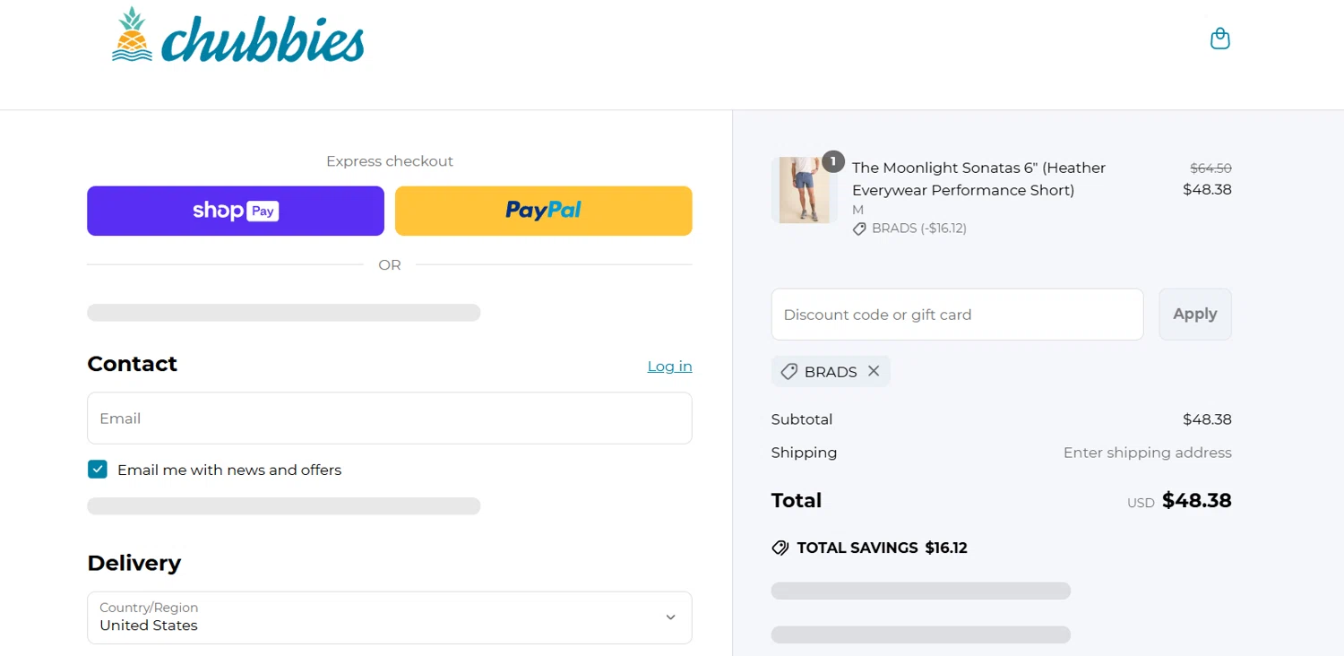 Chubbies Shorts promo code screenshot showing code BRADS applied at Chubbies Shorts checkout page. Uploaded by SimplyCodes community member ______ on May 21, 2025