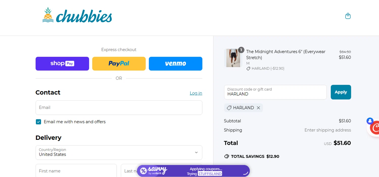 Chubbies Shorts promo code screenshot showing code HARLAND applied at Chubbies Shorts checkout page. Uploaded by SimplyCodes community member shark12 on May 19, 2025