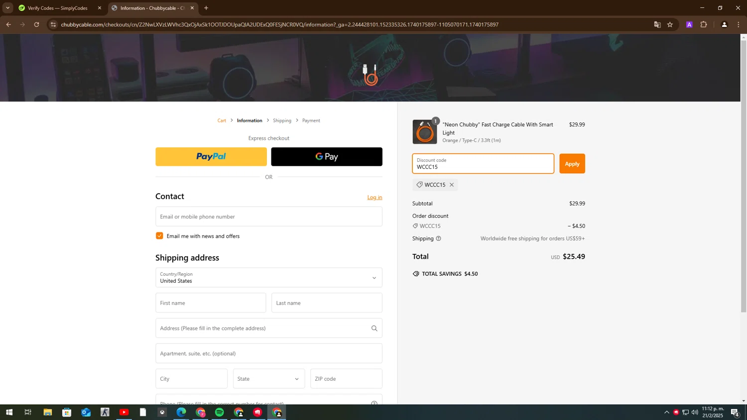 Chubbycable discount code screenshot showing code WCCC15 applied at Chubbycable checkout page. Uploaded by SimplyCodes community member BudgetMaven6078 on Feb 21, 2025