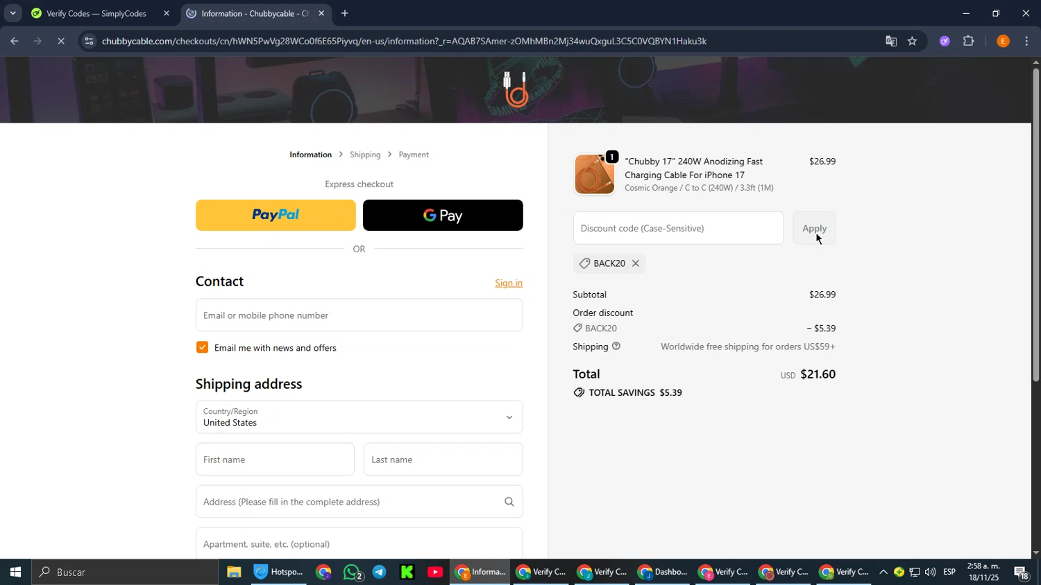 Chubbycable discount code screenshot showing code BACK20 applied at Chubbycable checkout page. Uploaded by SimplyCodes community member jorgeyahoo on Nov 18, 2025