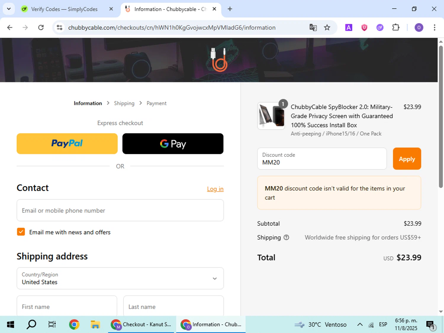 Chubbycable discount code screenshot showing code MM20 applied at Chubbycable checkout page. Uploaded by SimplyCodes community member BudgetHawk9503 on Aug 11, 2025