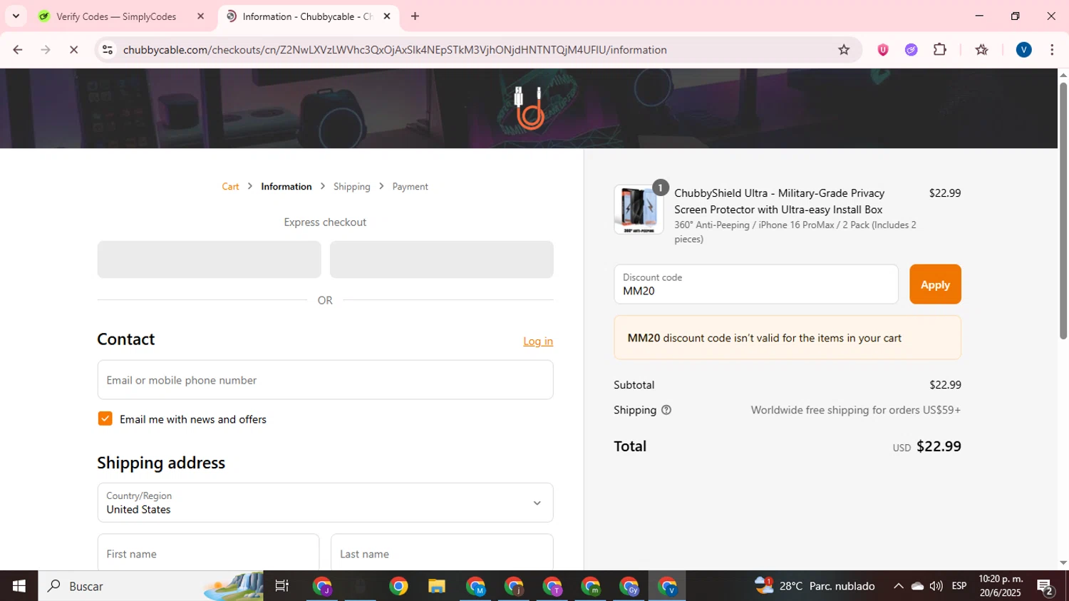 Chubbycable discount code screenshot showing code MM20 applied at Chubbycable checkout page. Uploaded by SimplyCodes community member CrownTitan5376 on Jun 21, 2025