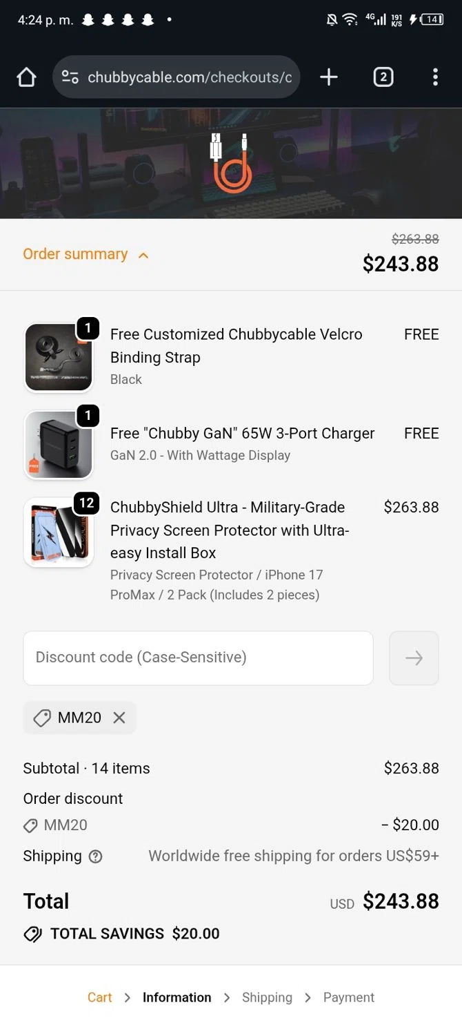 Chubbycable discount code screenshot showing code MM20 applied at Chubbycable checkout page. Uploaded by SimplyCodes community member Sasuk3 on Oct 5, 2025