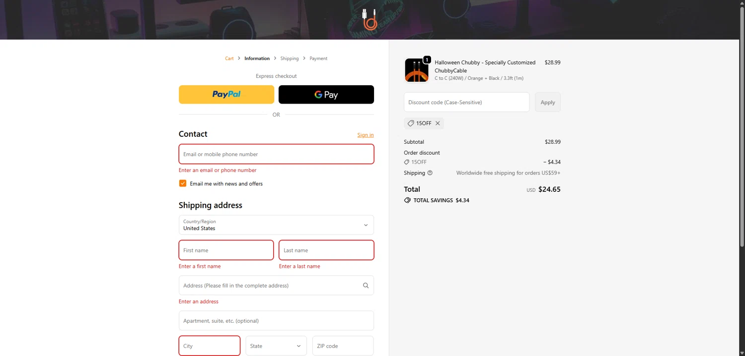 Chubbycable discount code screenshot showing code 15OFF applied at Chubbycable checkout page. Uploaded by SimplyCodes community member TreasureScholar8716 on Oct 30, 2025