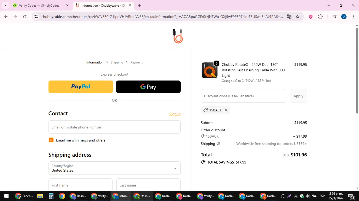 Chubbycable discount code screenshot showing code 15BACK applied at Chubbycable checkout page. Uploaded by SimplyCodes community member noesmith34ur on Jan 29, 2026