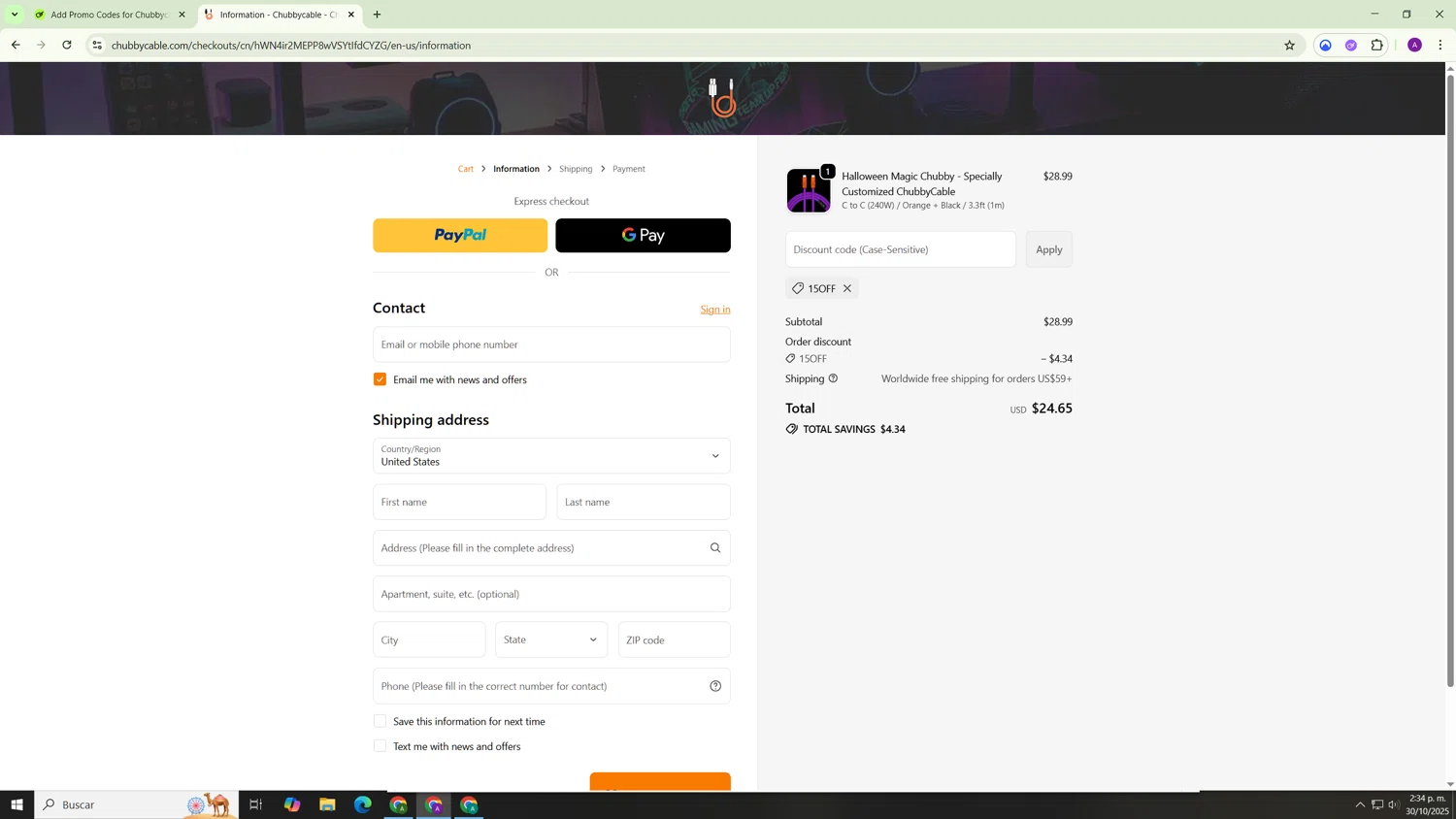 Chubbycable discount code screenshot showing code 15OFF applied at Chubbycable checkout page. Uploaded by SimplyCodes community member Hasta_El_Final on Oct 30, 2025