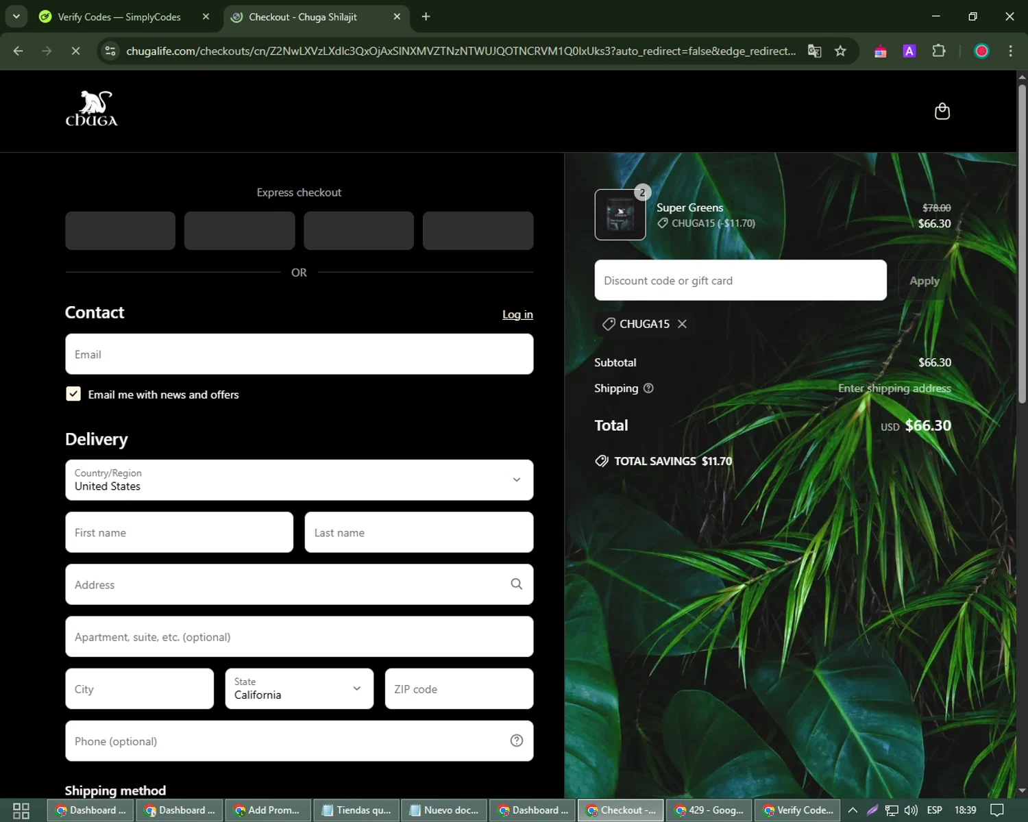 Chuga Shilajit discount code screenshot showing code CHUGA15 applied at Chuga Shilajit checkout page. Uploaded by SimplyCodes community member Robert_Williams on Apr 27, 2025