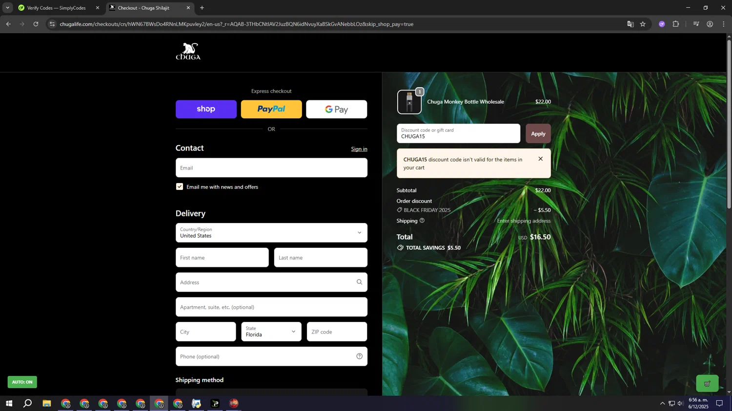 Chuga Shilajit discount code screenshot showing code CHUGA15 applied at Chuga Shilajit checkout page. Uploaded by SimplyCodes community member eeeeeeeeeeeeeeeeeeeeee on Dec 6, 2025