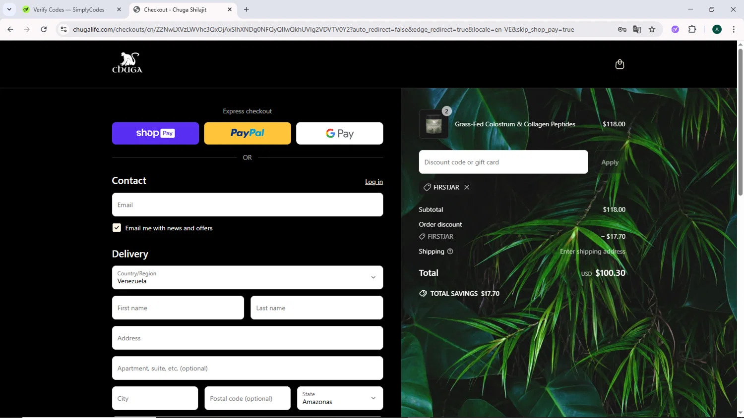 Chuga Shilajit discount code screenshot showing code firstjar applied at Chuga Shilajit checkout page. Uploaded by SimplyCodes community member DiscountCurator2907 on Jun 16, 2025