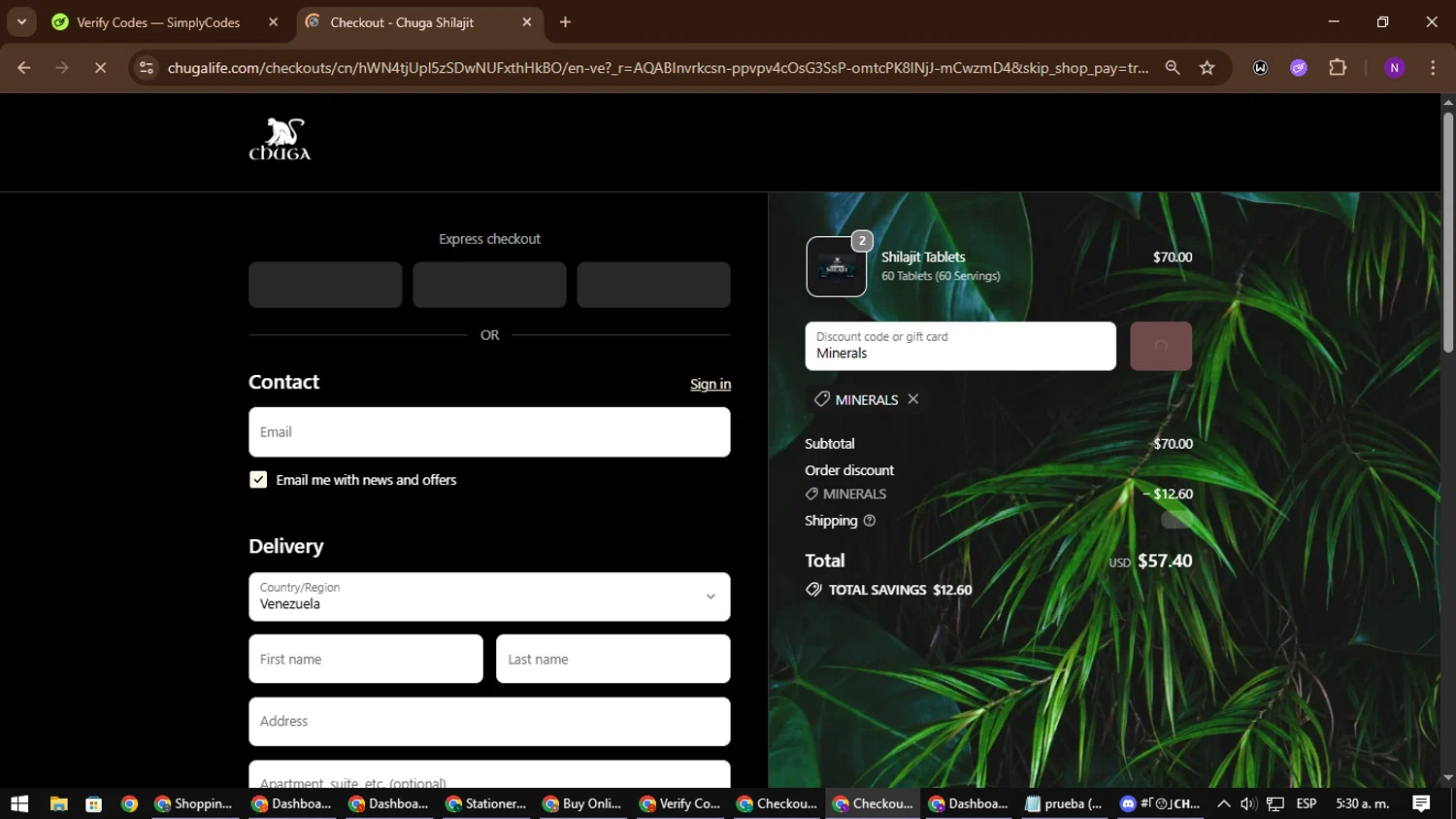 Chuga Shilajit discount code screenshot showing code Minerals applied at Chuga Shilajit checkout page. Uploaded by SimplyCodes community member NATAAAAAANAELCANO on Nov 4, 2025