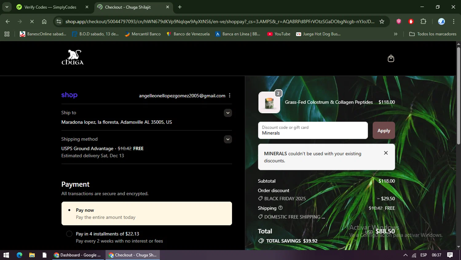 Chuga Shilajit discount code screenshot showing code Minerals applied at Chuga Shilajit checkout page. Uploaded by SimplyCodes community member TreasureShopper9156 on Dec 6, 2025