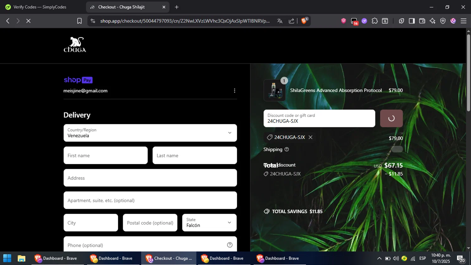 Chuga Shilajit discount code screenshot showing code 24CHUGA-SJX applied at Chuga Shilajit checkout page. Uploaded by SimplyCodes community member RebateCaptain6440 on Jul 11, 2025