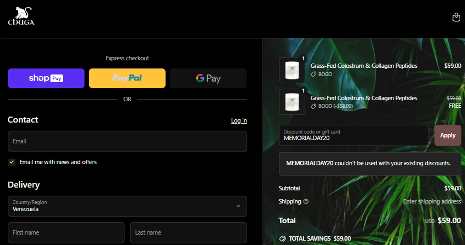Chuga Shilajit discount code screenshot showing code MEMORIALDAY20 applied at Chuga Shilajit checkout page. Uploaded by SimplyCodes community member SpiderGwen on May 26, 2025