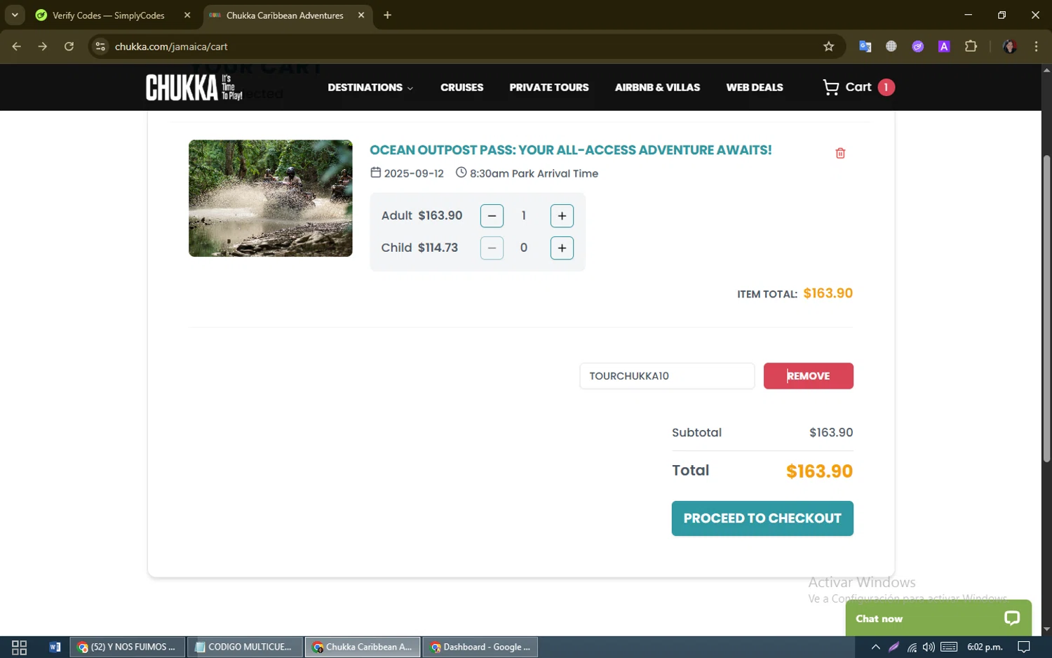 Chukka Adventure Tours promo code screenshot showing code tourchukka10 applied at Chukka Adventure Tours checkout page. Uploaded by SimplyCodes community member GleywilmarReyes on Sep 2, 2025