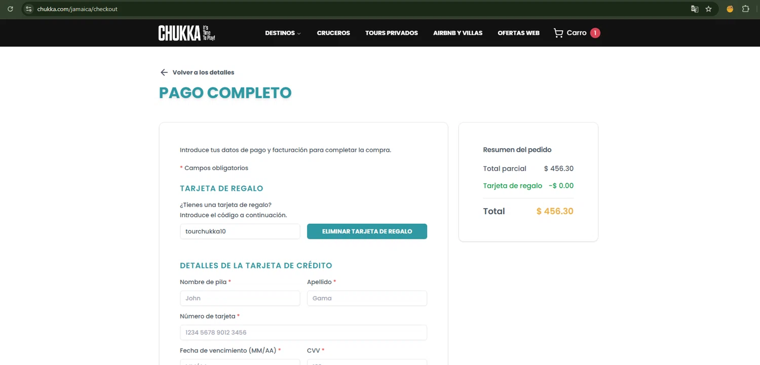 Chukka Adventure Tours promo code screenshot showing code tourchukka10 applied at Chukka Adventure Tours checkout page. Uploaded by SimplyCodes community member Loslocosdelavela on Sep 2, 2025