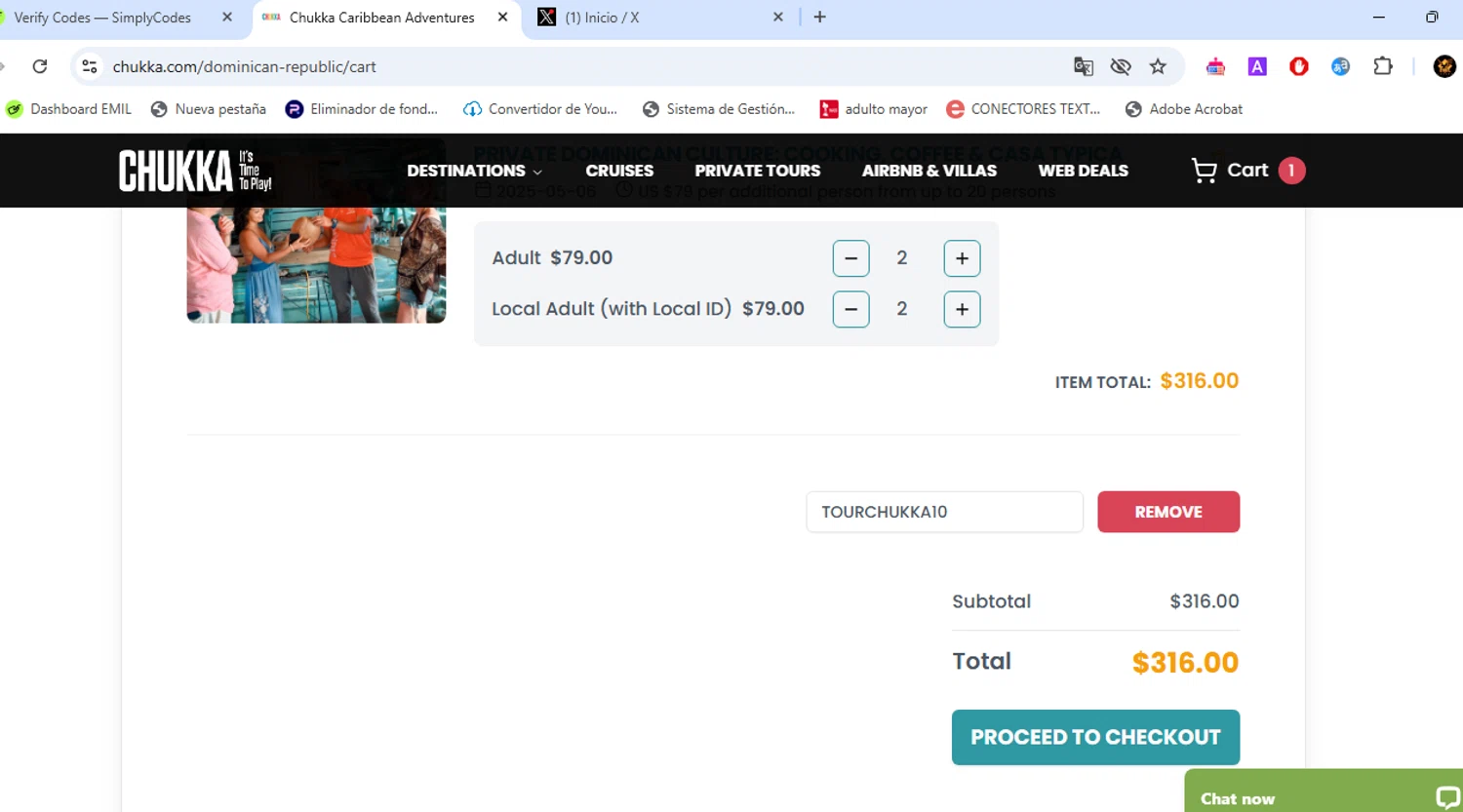 Chukka Adventure Tours checkout page showing Chukka Adventure Tours promo code box | Screenshot taken by SimplyCodes community member on May 6, 2025