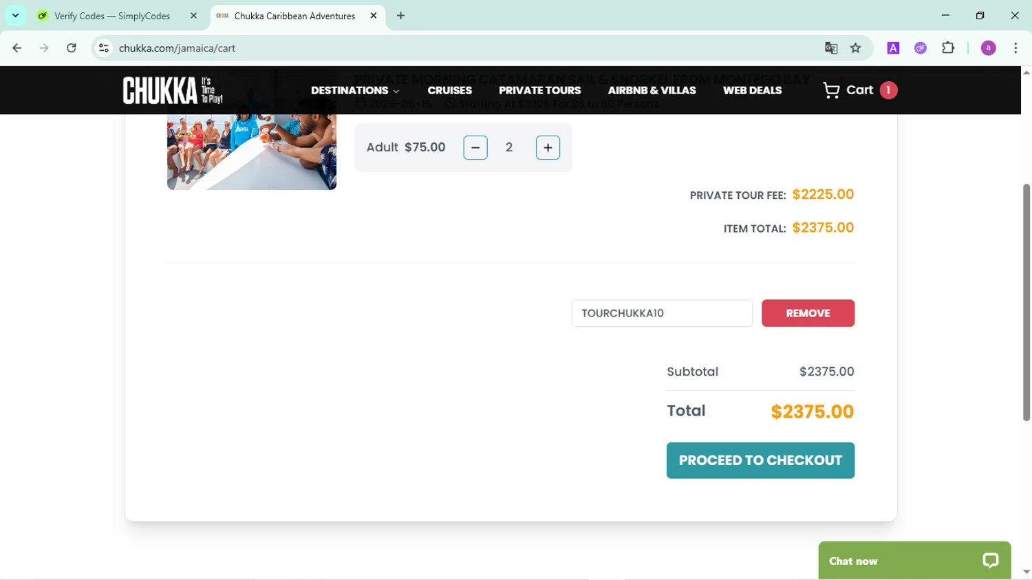 Chukka Adventure Tours checkout page showing Chukka Adventure Tours promo code box | Screenshot taken by SimplyCodes community member on May 5, 2025