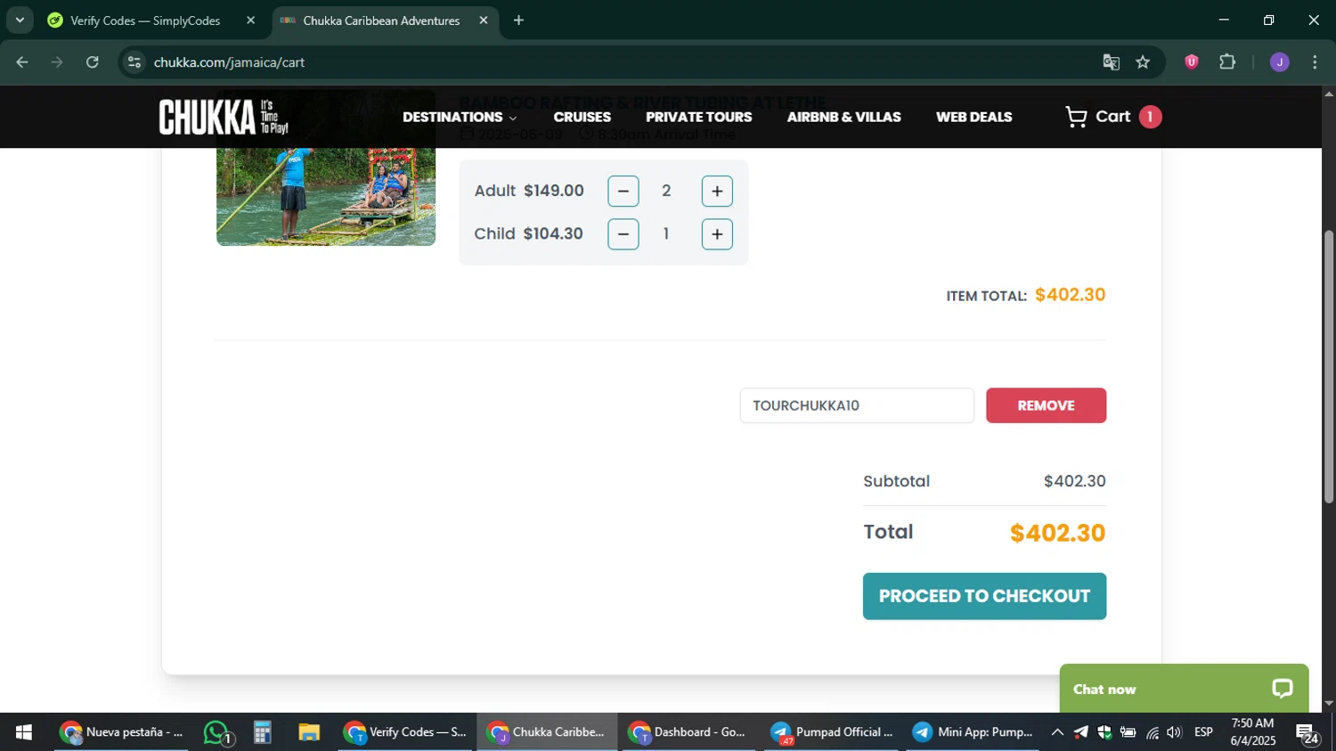 Chukka Adventure Tours checkout page showing Chukka Adventure Tours promo code box | Screenshot taken by SimplyCodes community member on Jun 4, 2025