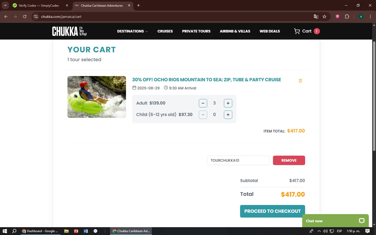 Chukka Adventure Tours promo code screenshot showing code tourchukka10 applied at Chukka Adventure Tours checkout page. Uploaded by SimplyCodes community member zizu55 on Jul 5, 2025