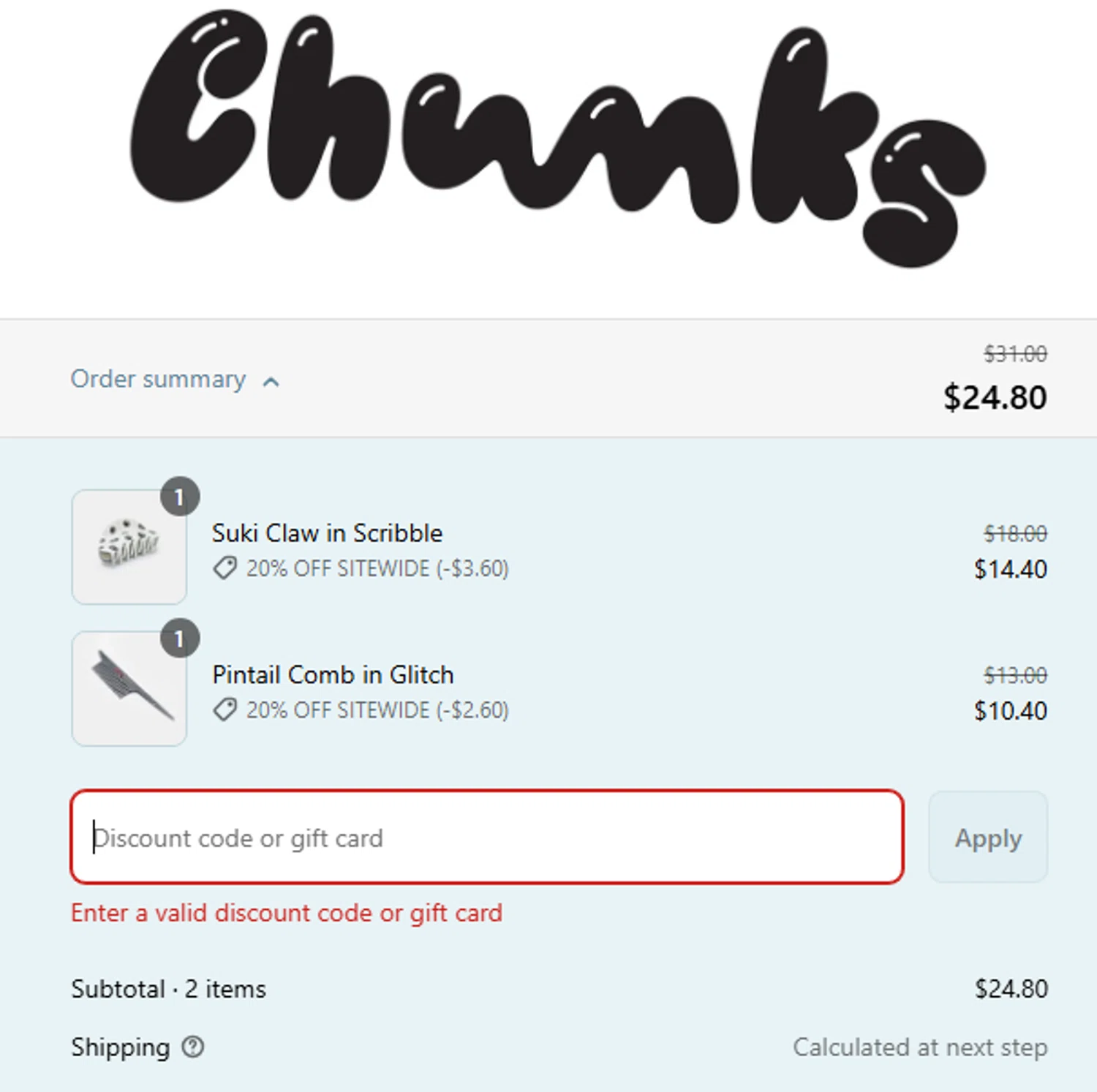 CHUNKS discount code screenshot showing code WELCOME10 applied at CHUNKS checkout page. Uploaded by SimplyCodes community member Jose_515 on Aug 25, 2025