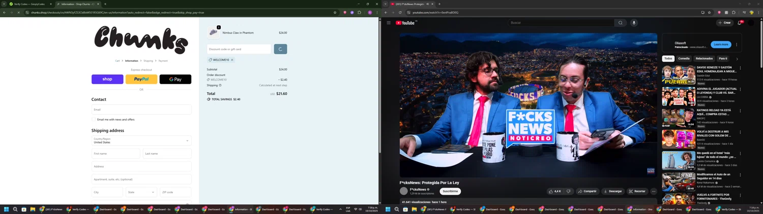 CHUNKS discount code screenshot showing code WELCOME10 applied at CHUNKS checkout page. Uploaded by SimplyCodes community member RoyalSentinel4577 on Oct 10, 2025