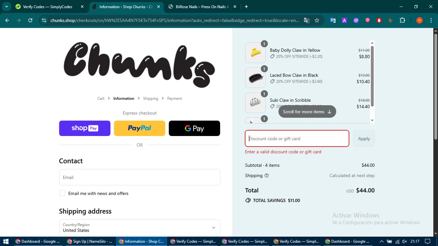 CHUNKS discount code screenshot showing code DONT4GET applied at CHUNKS checkout page. Uploaded by SimplyCodes community member CoinMaven895 on Aug 26, 2025