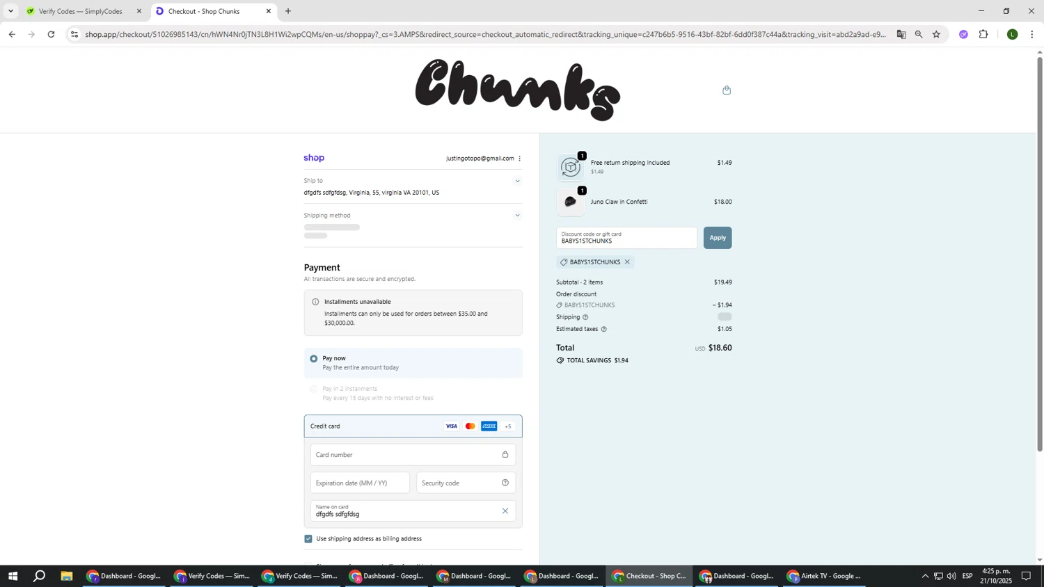 CHUNKS discount code screenshot showing code BABYS1STCHUNKS applied at CHUNKS checkout page. Uploaded by SimplyCodes community member DUCATI on Oct 21, 2025