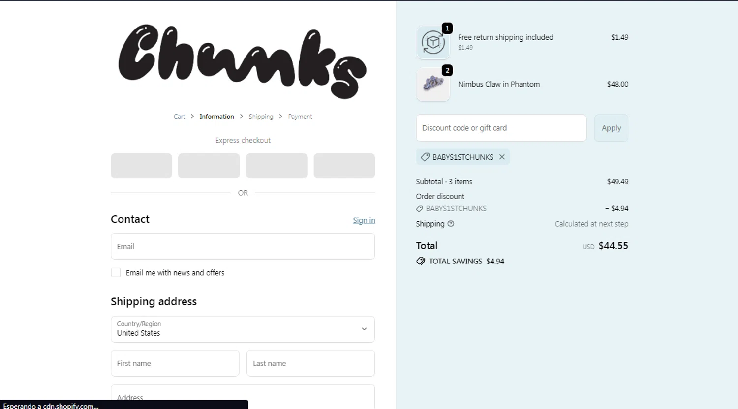 CHUNKS discount code screenshot showing code BABYS1STCHUNKS applied at CHUNKS checkout page. Uploaded by SimplyCodes community member Moonkey on Oct 17, 2025