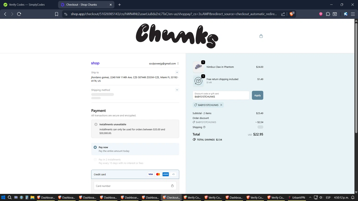 CHUNKS discount code screenshot showing code BABYS1STCHUNKS applied at CHUNKS checkout page. Uploaded by SimplyCodes community member jhordano on Oct 21, 2025