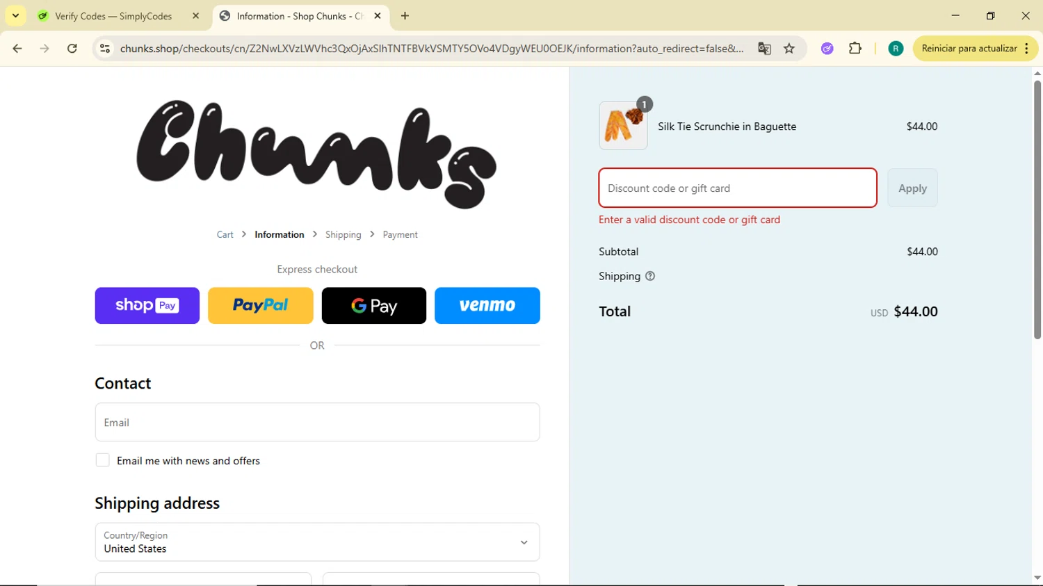 CHUNKS discount code screenshot showing code freewavybaby applied at CHUNKS checkout page. Uploaded by SimplyCodes community member BargainMonarch6495 on Jun 15, 2025