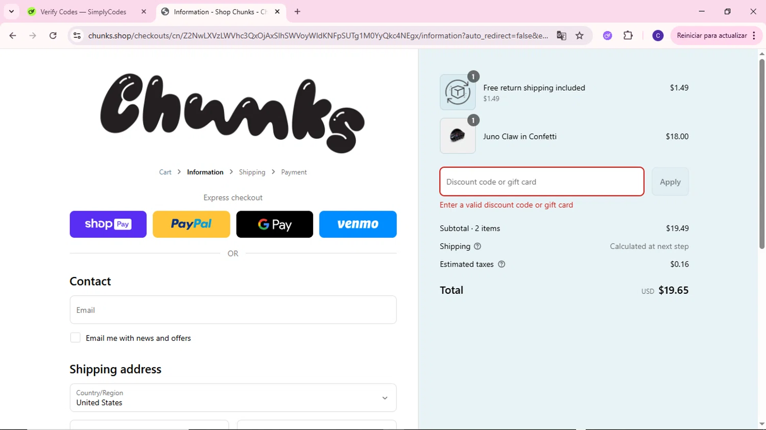 CHUNKS discount code screenshot showing code freewavybaby applied at CHUNKS checkout page. Uploaded by SimplyCodes community member MoneyWizard2699 on Jun 15, 2025