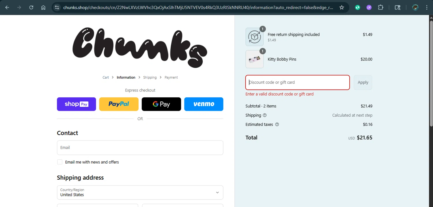 CHUNKS discount code screenshot showing code freewavybaby applied at CHUNKS checkout page. Uploaded by SimplyCodes community member xAngel on Jun 15, 2025