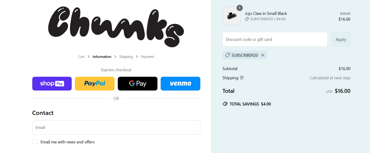 CHUNKS discount code screenshot showing code subscriber20 applied at CHUNKS checkout page. Uploaded by SimplyCodes community member RichterBelmont on Jun 20, 2025