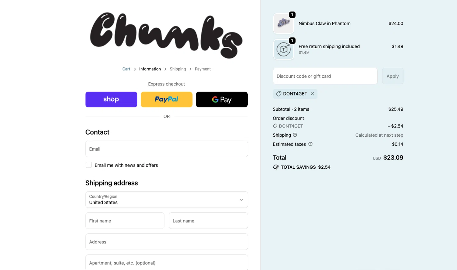CHUNKS discount code screenshot showing code DONT4GET applied at CHUNKS checkout page. Uploaded by SimplyCodes community member ELOIN777 on Oct 10, 2025