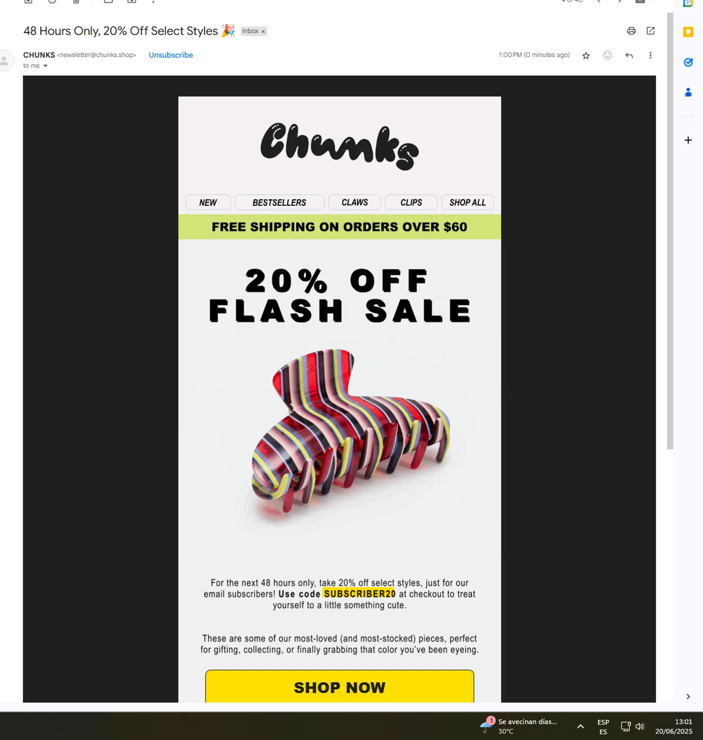 CHUNKS discount code screenshot showing code subscriber20 applied at CHUNKS checkout page. Uploaded by SimplyCodes community member UnkNownVnzla on Jun 20, 2025