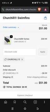 Churchill Swimfins coupon verification screenshot