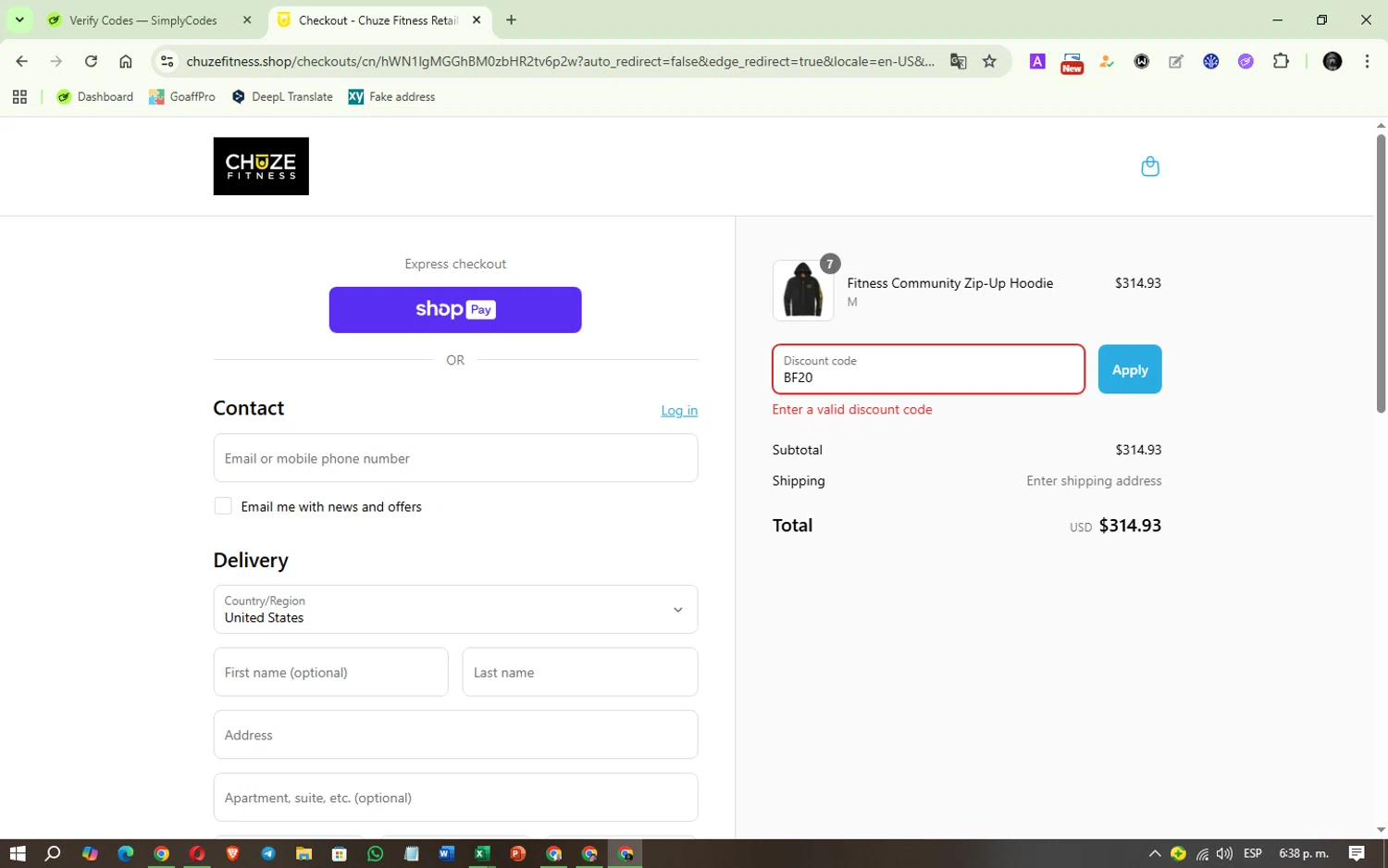 Chuze Fitness promo code screenshot showing code BF20 applied at Chuze Fitness checkout page. Uploaded by SimplyCodes community member GutFig02 on Aug 13, 2025