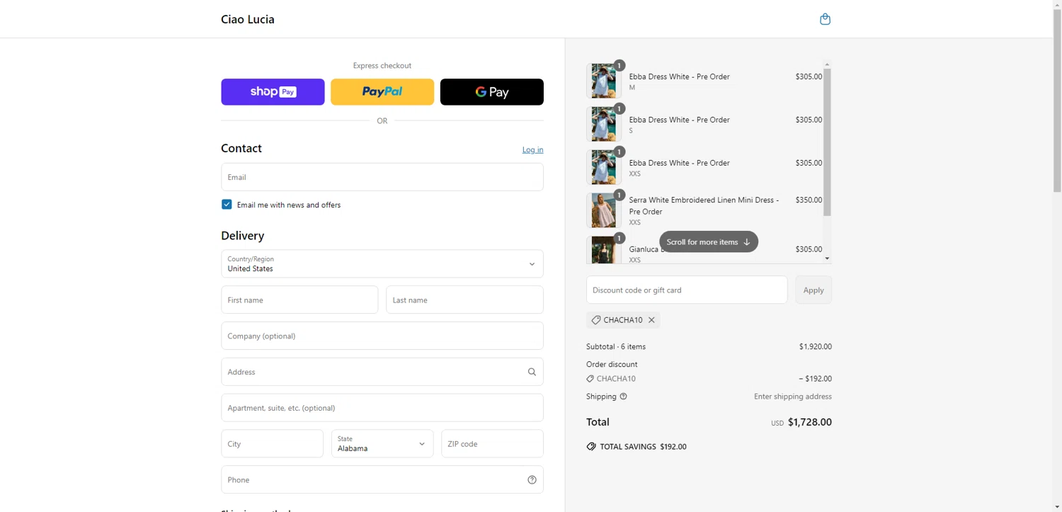 Ciao Lucia discount code screenshot showing code CHACHA10 applied at Ciao Lucia checkout page. Uploaded by SimplyCodes community member NobleWarden1688 on Jun 11, 2025