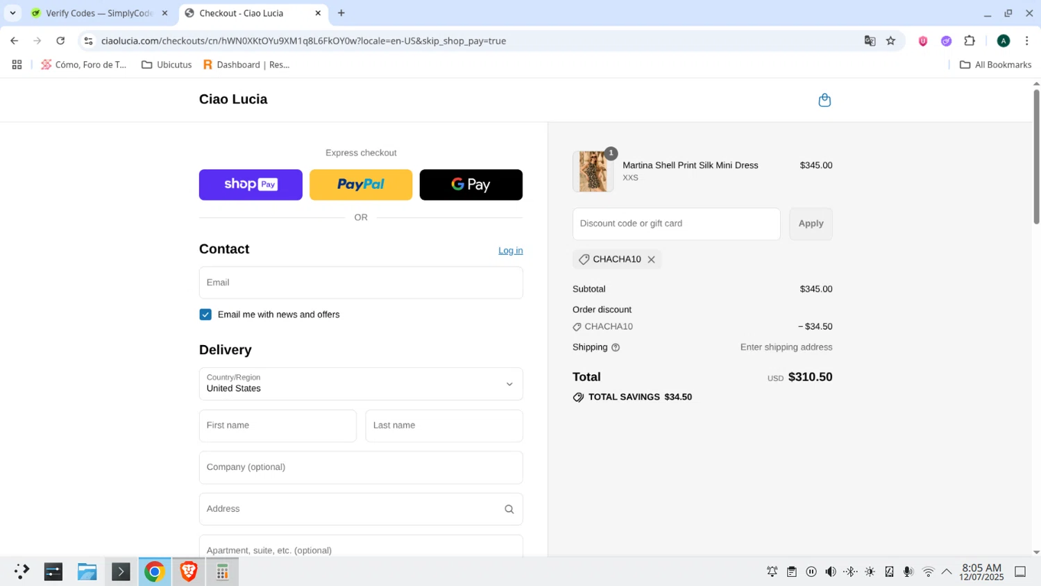 Ciao Lucia discount code screenshot showing code CHACHA10 applied at Ciao Lucia checkout page. Uploaded by SimplyCodes community member admeneses on Jul 12, 2025