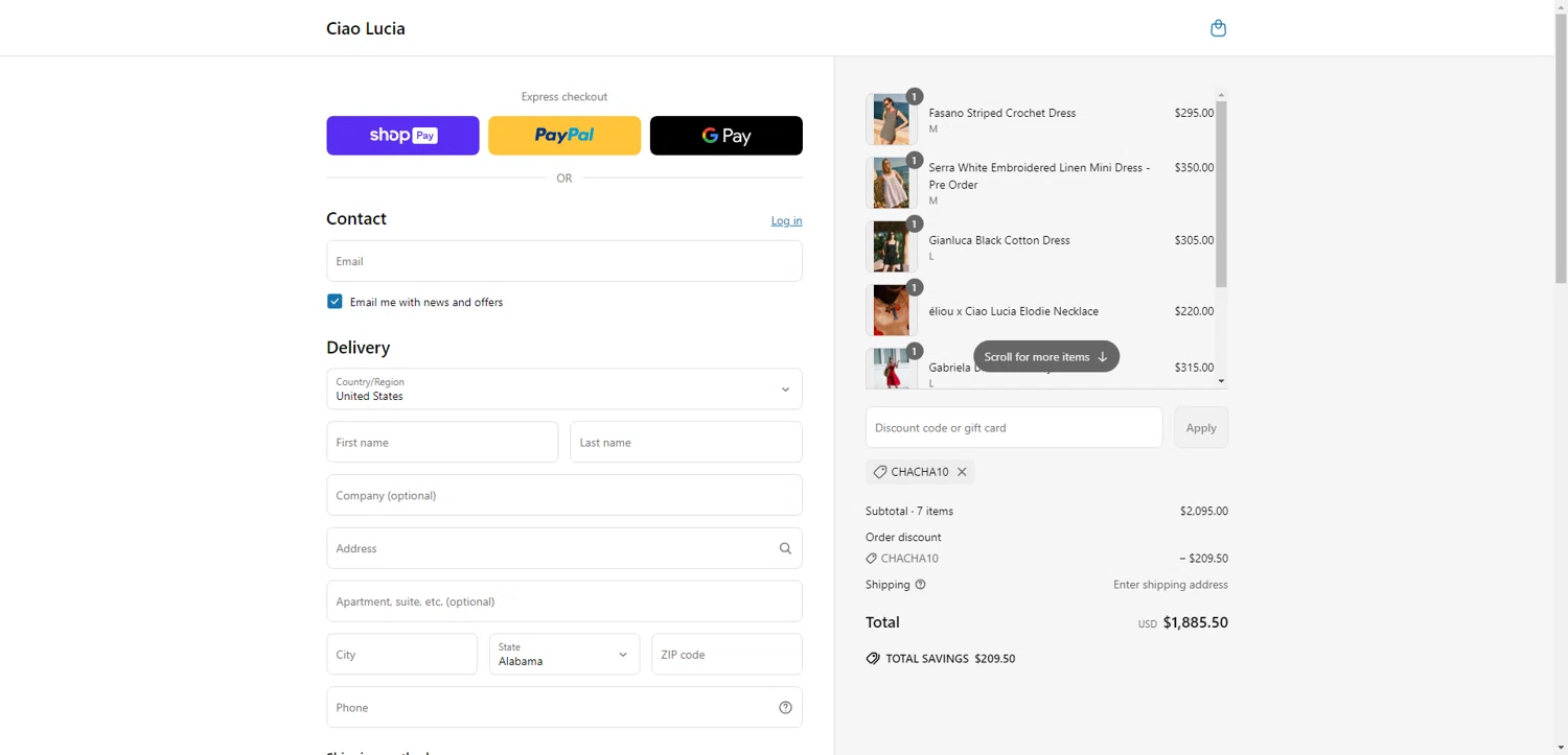 Ciao Lucia discount code screenshot showing code CHACHA10 applied at Ciao Lucia checkout page. Uploaded by SimplyCodes community member aver_136263192 on Jun 11, 2025