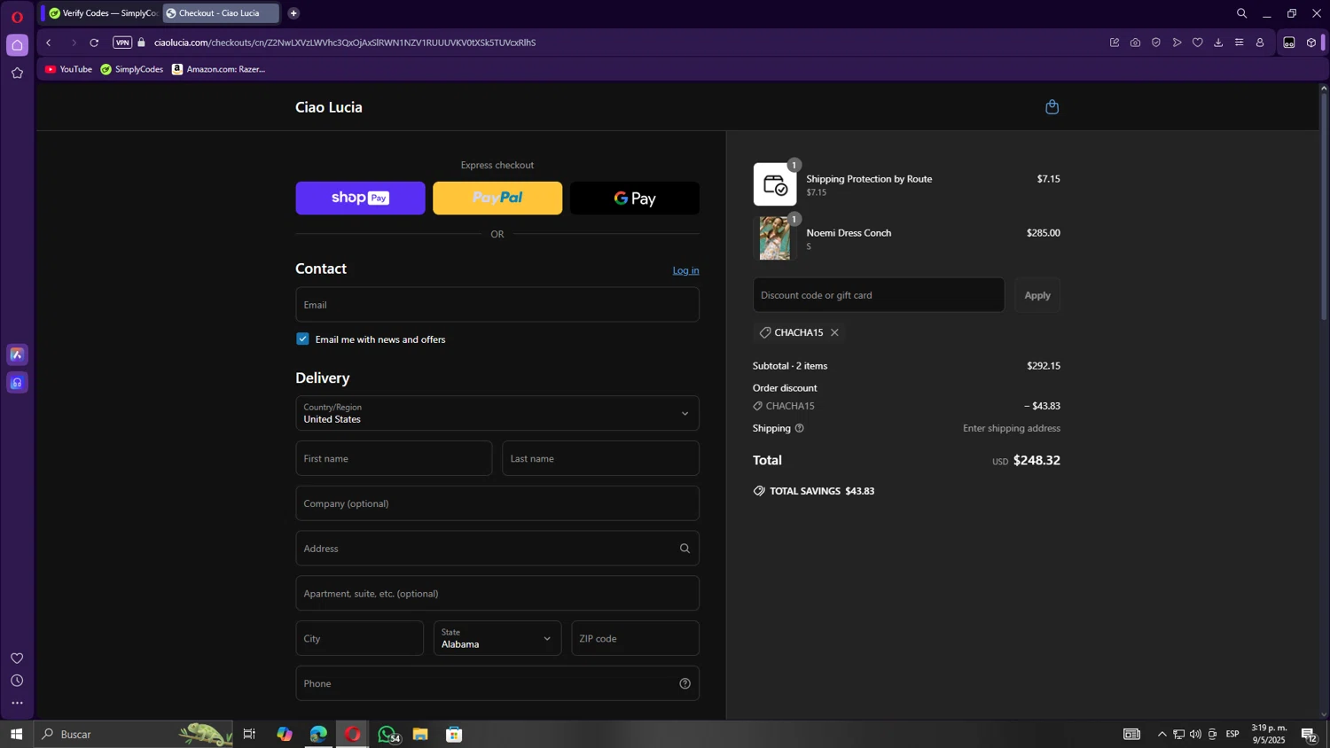 Ciao Lucia discount code screenshot showing code chacha15 applied at Ciao Lucia checkout page. Uploaded by SimplyCodes community member Gojira on May 9, 2025
