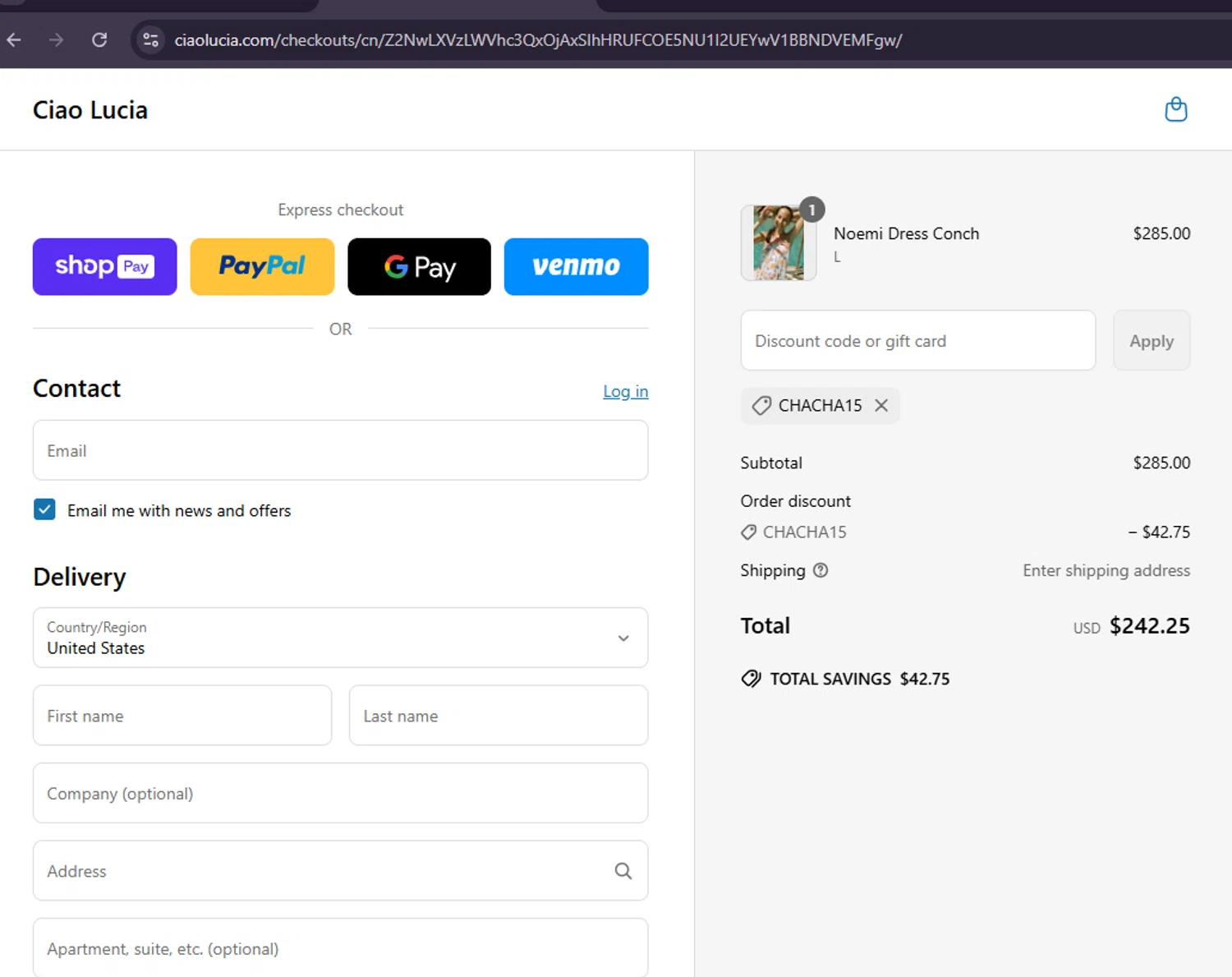 Ciao Lucia discount code screenshot showing code chacha15 applied at Ciao Lucia checkout page. Uploaded by SimplyCodes community member MoneySage8222 on Jun 11, 2025