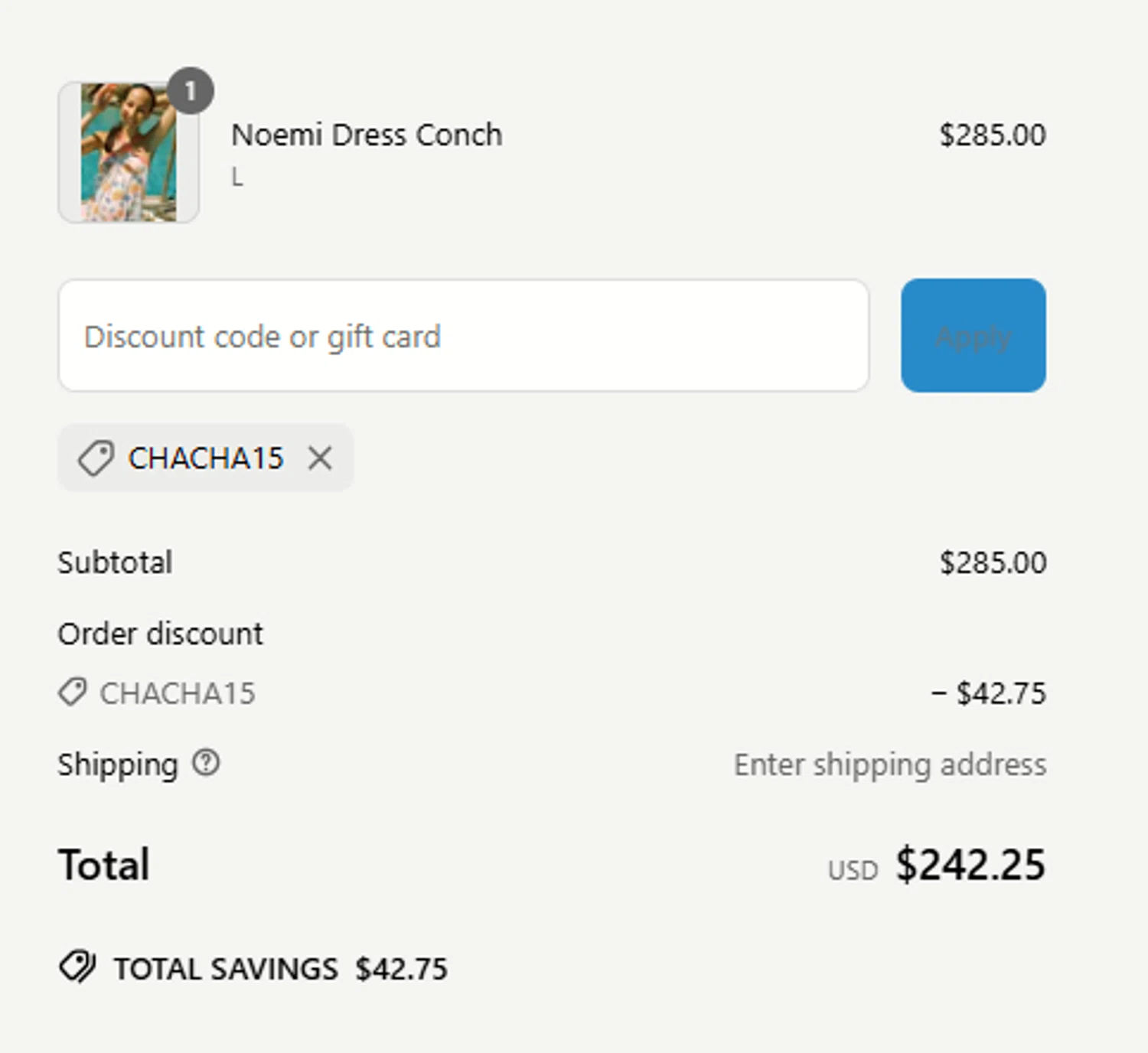 Ciao Lucia discount code screenshot showing code chacha15 applied at Ciao Lucia checkout page. Uploaded by SimplyCodes community member a2d2c2d211 on May 20, 2025