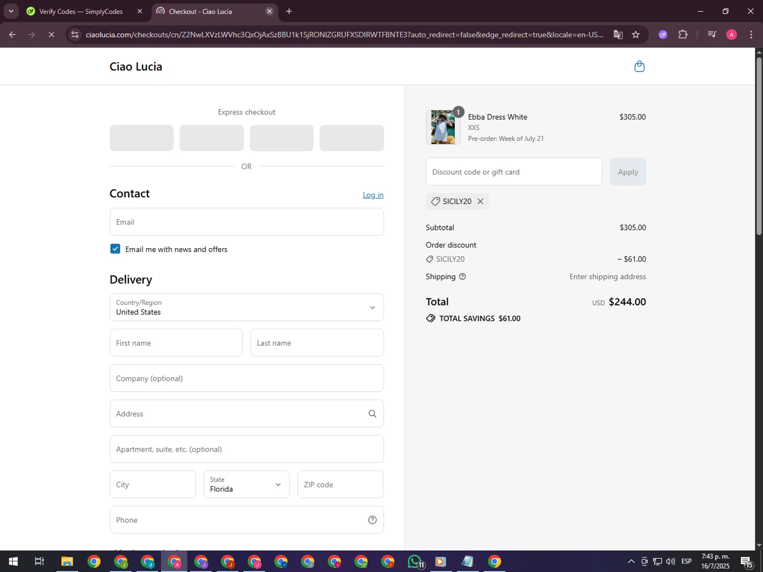 Ciao Lucia discount code screenshot showing code SICILY20 applied at Ciao Lucia checkout page. Uploaded by SimplyCodes community member CrownHawk3462 on Jul 16, 2025