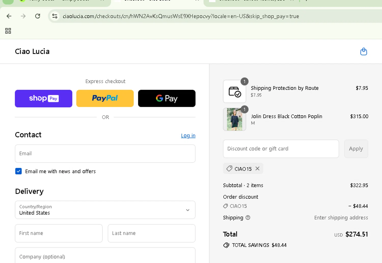 Ciao Lucia discount code screenshot showing code Ciao15 applied at Ciao Lucia checkout page. Uploaded by SimplyCodes community member NobleSentinel8535 on Aug 24, 2025