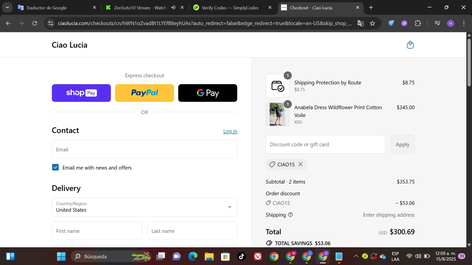Ciao Lucia discount code screenshot showing code Ciao15 applied at Ciao Lucia checkout page. Uploaded by SimplyCodes community member Patricioestrella on Aug 15, 2025