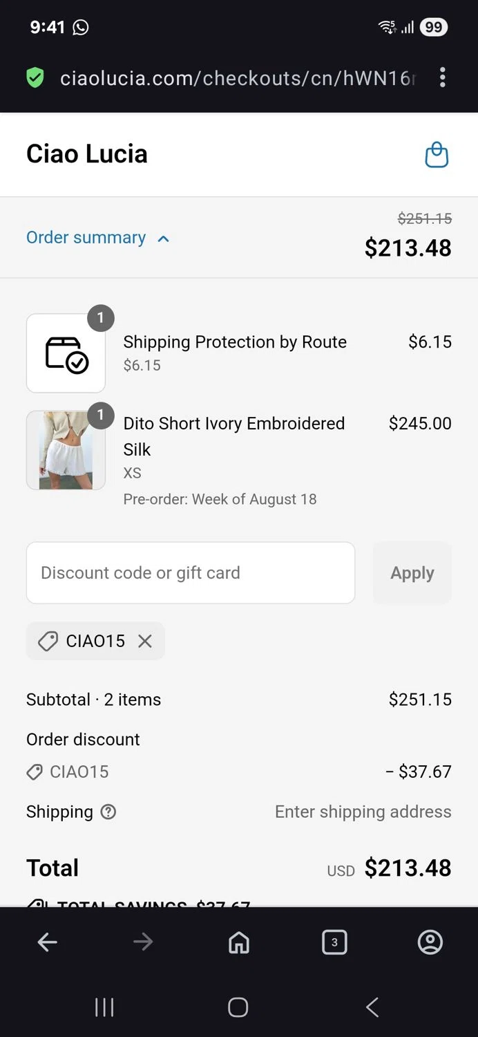 Ciao Lucia discount code screenshot showing code Ciao15 applied at Ciao Lucia checkout page. Uploaded by SimplyCodes community member BB9542251456527 on Jul 27, 2025
